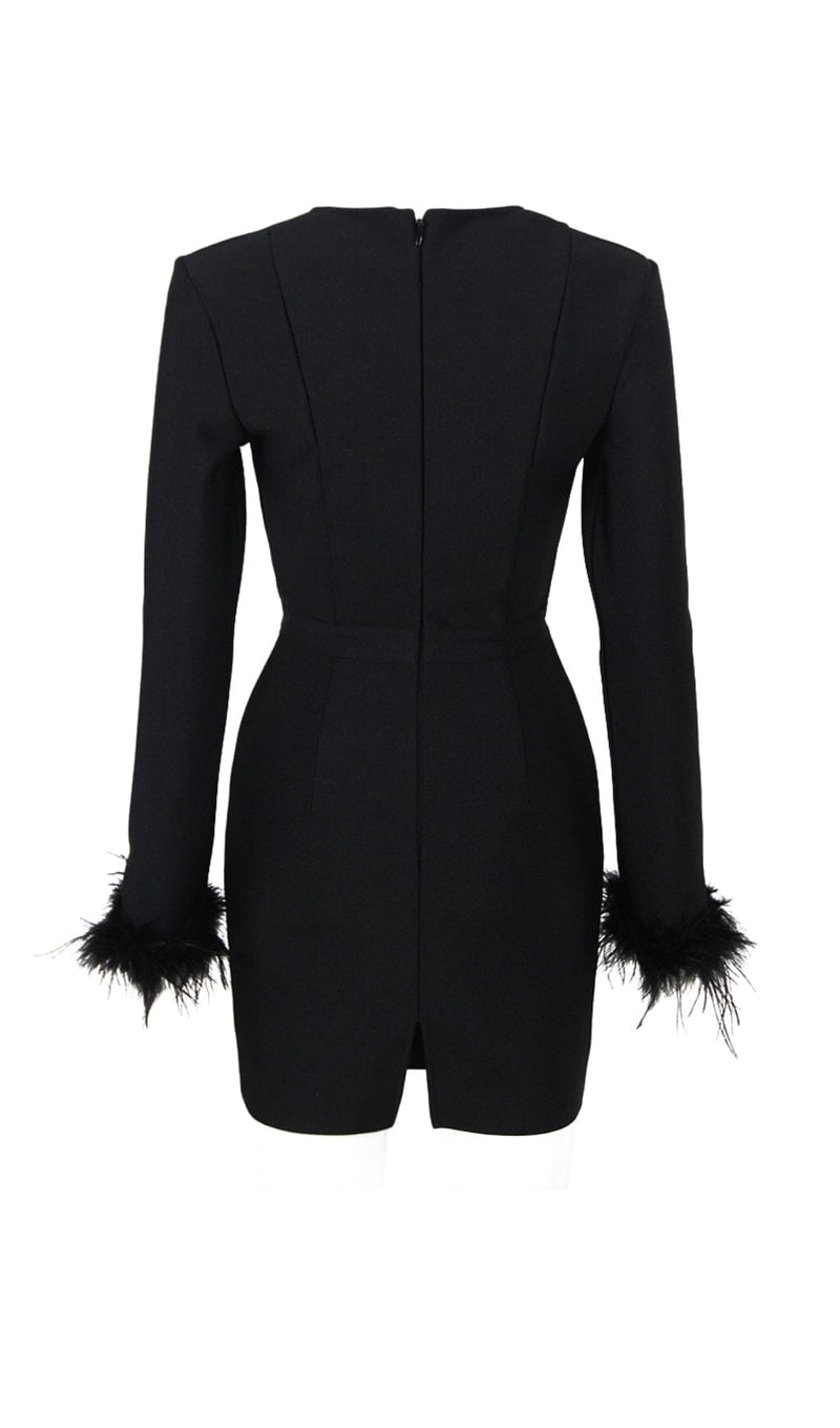 STRETCH LONG SLEEVES FEATHER MINI DRESS IN BLACK Dresses styleofcb 
