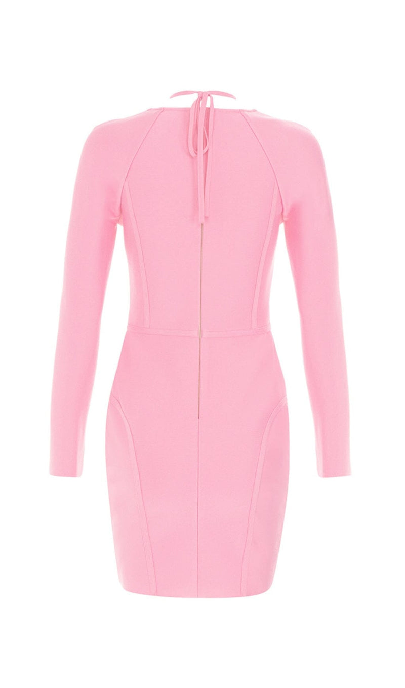 BARBIE PINK MESH FABRIC STITCHED SQUARE-NECK HALTERNECK DRESS styleofcb 