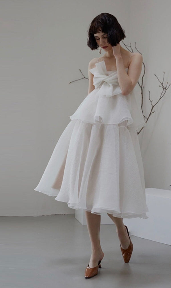 SUSPENDER BOW STRAPLESS SEERSUCKER DRESS IN WHITE styleofcb 