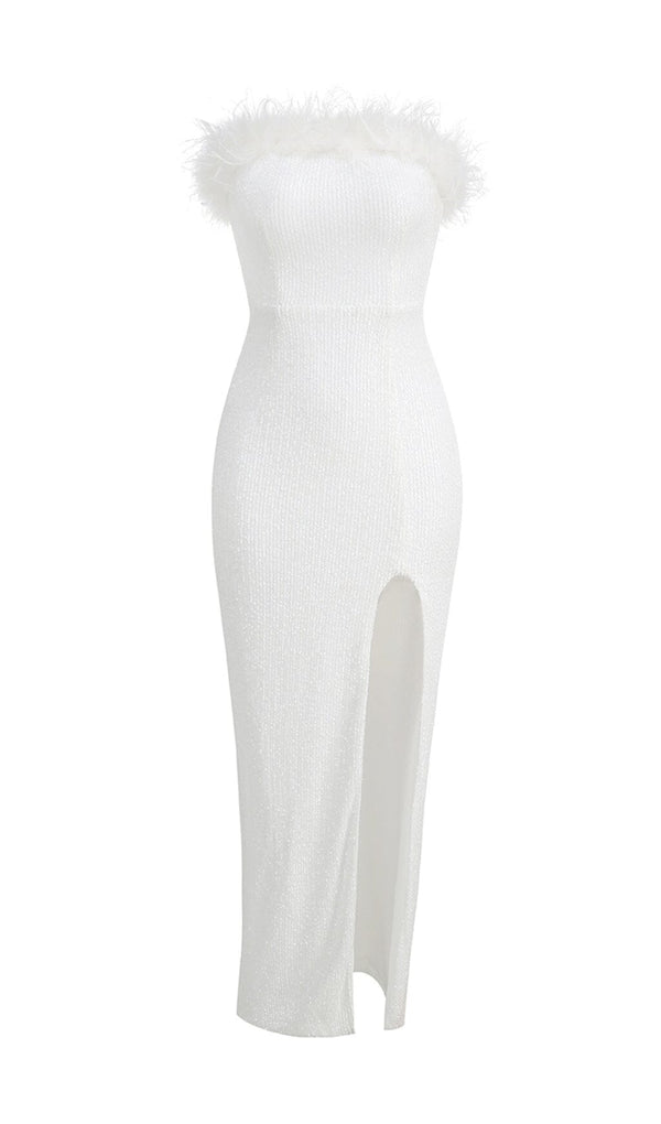 OSTRICH HAIR DECORATIVE BANDEAU MAXIC DRESS IN WHITE styleofcb 