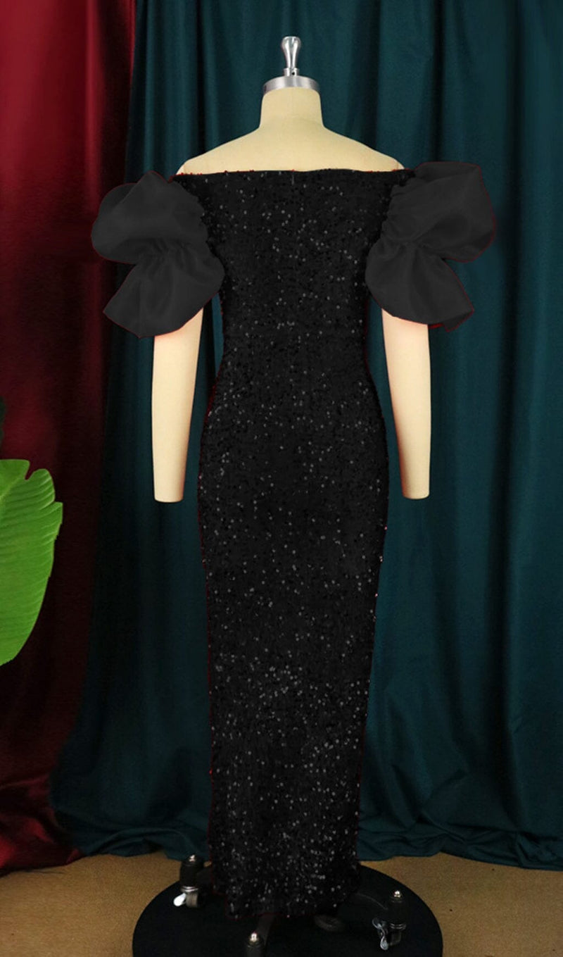 SEQUIN PUFF SLEEVE ONE NECK WAIST MAXI DRESS IN BLACK styleofcb 