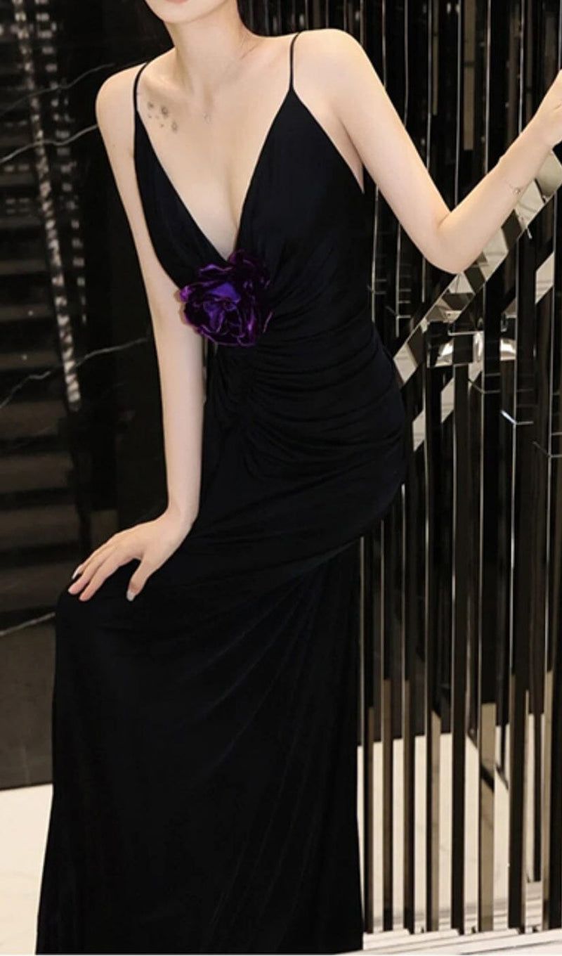 POLYESTER FLORAL RUFFLE SLIMMING HALTER MAXI DRESS IN BLACK styleofcb 