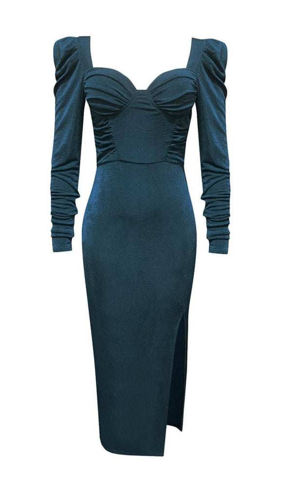 GREY-BLUE HIGH SLIT SLIM-FIT KNIT MIDI DRESS styleofcb 