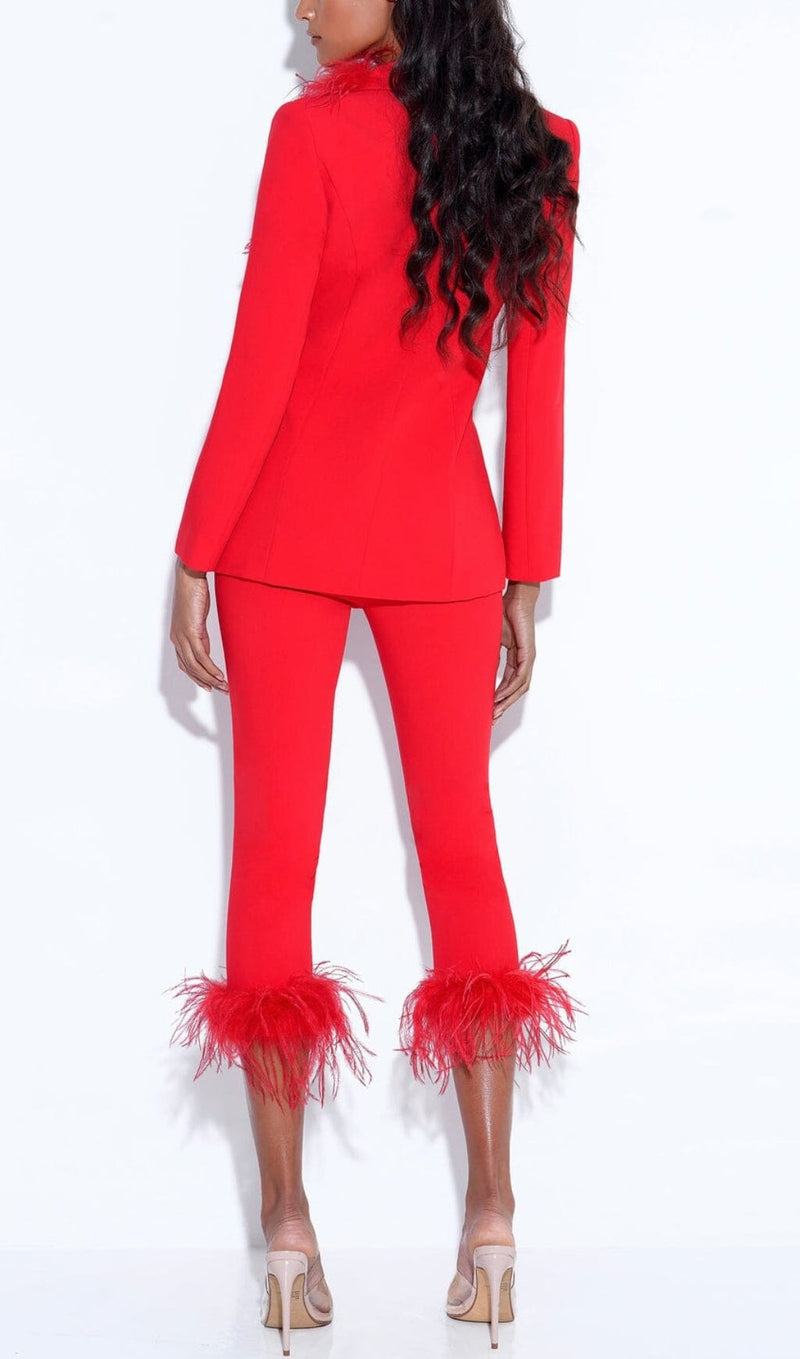 RED BLAZER SUIT WITH FEATHER TRIM Bottoms styleofcb 