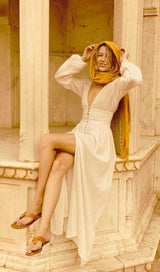 BUTTON-FRONT PUFFED SLEEVES MAXI DRESS IN BEIGE DRESS STYLE OF CB 