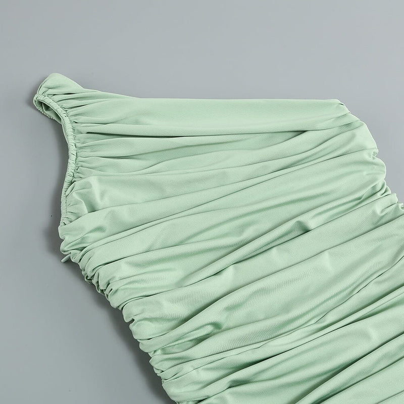 PLEATED SLEEVELESS ONE-SHOULDER DRESS IN GREEN styleofcb 