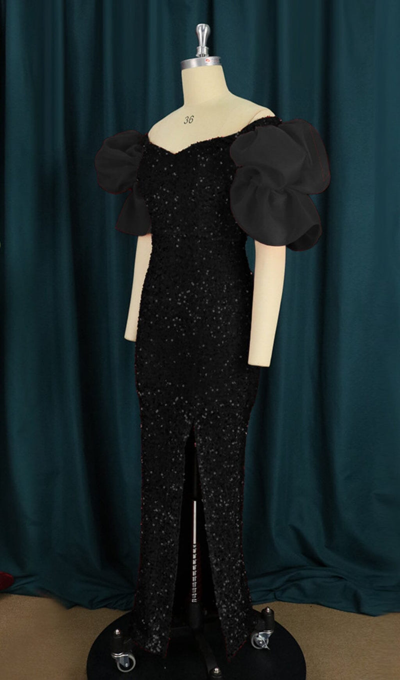 SEQUIN PUFF SLEEVE ONE NECK WAIST MAXI DRESS IN BLACK styleofcb 
