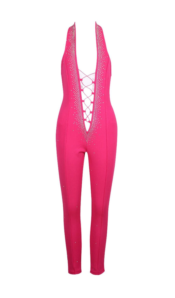 HALTER NECK CRYSTAL BACKLESS JUMPSUITS IN PINK BODYSUITS & JUMPSUITS styleofcb 