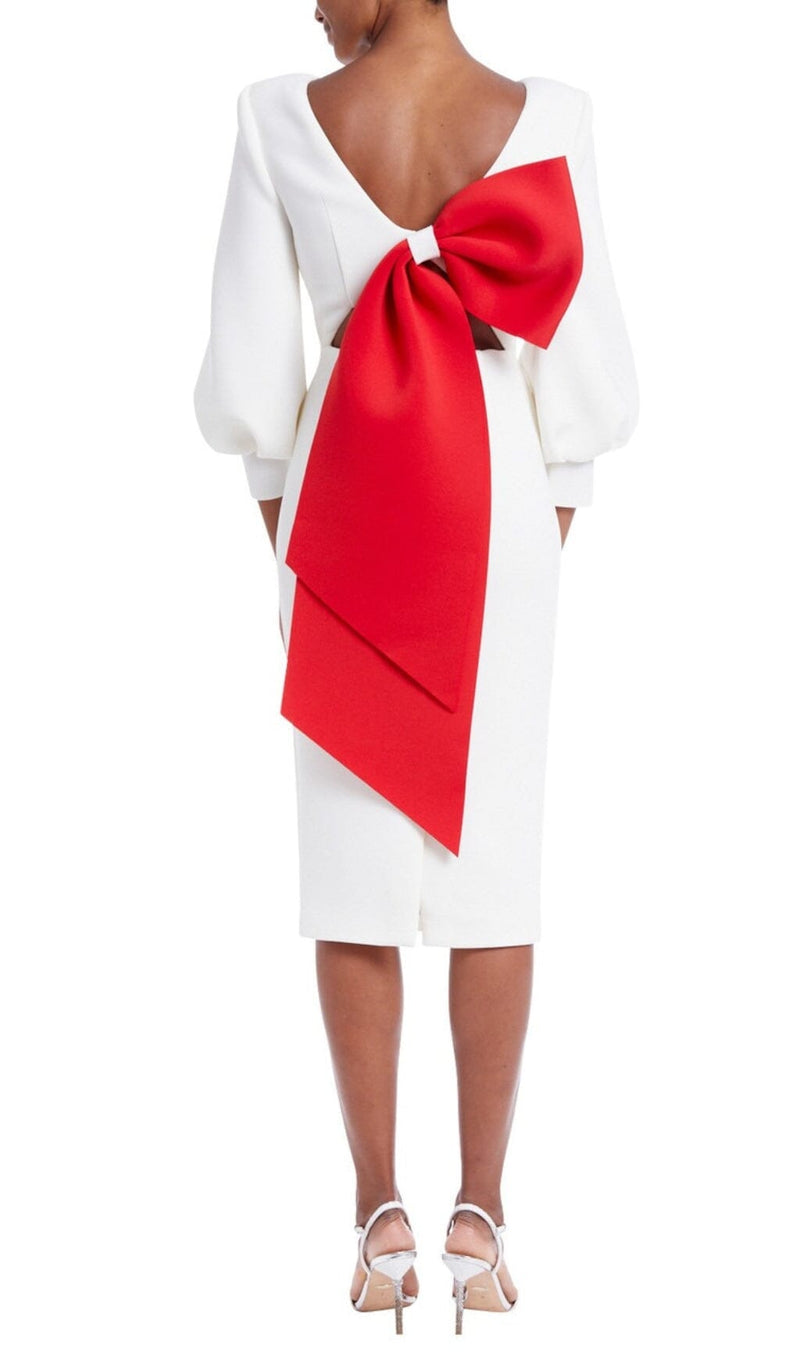 WHITE PUFF SLEEVE BACK LARGE BOW MIDI DRESS styleofcb 