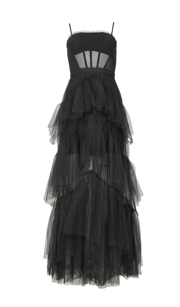 TIERED RUFFLE TULLE EVENING MAXI DRESS Dresses styleofcb XS BLACK 