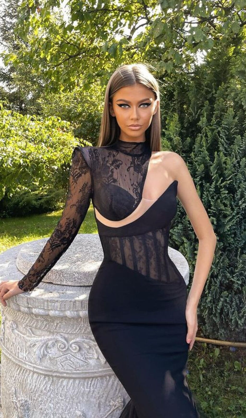 LACE ONE SHOULDER MIDI DRESS IN BLACK styleofcb 