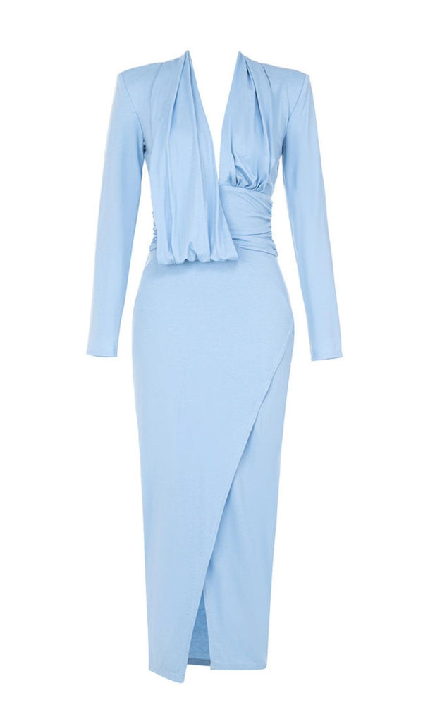 LONG SLEEVES V NECK MIDI DRESS IN BLUE styleofcb 