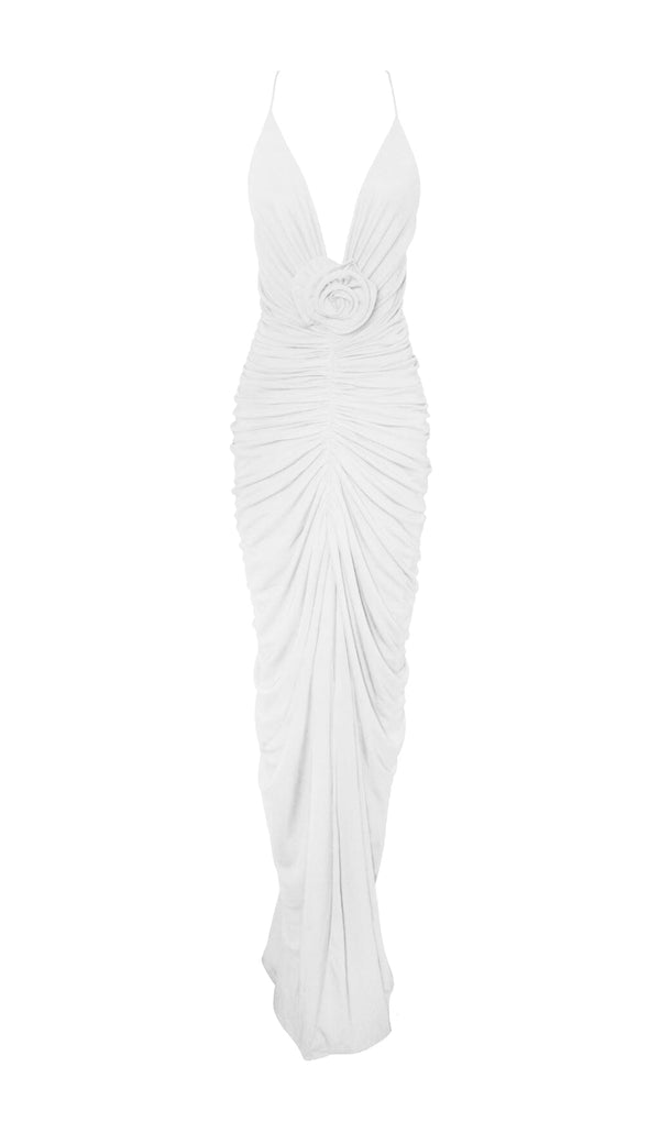 FLOWER-EMBELLISHED PLUNGE MAXI DRESS IN WHITE DRESS STYLE OF CB 
