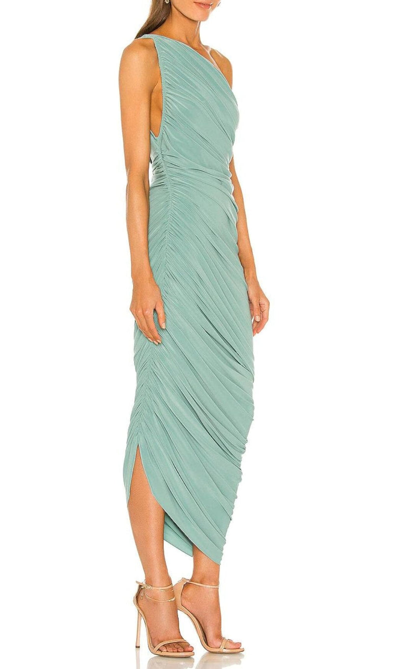PLEATED SLEEVELESS ONE-SHOULDER DRESS IN GREEN styleofcb 