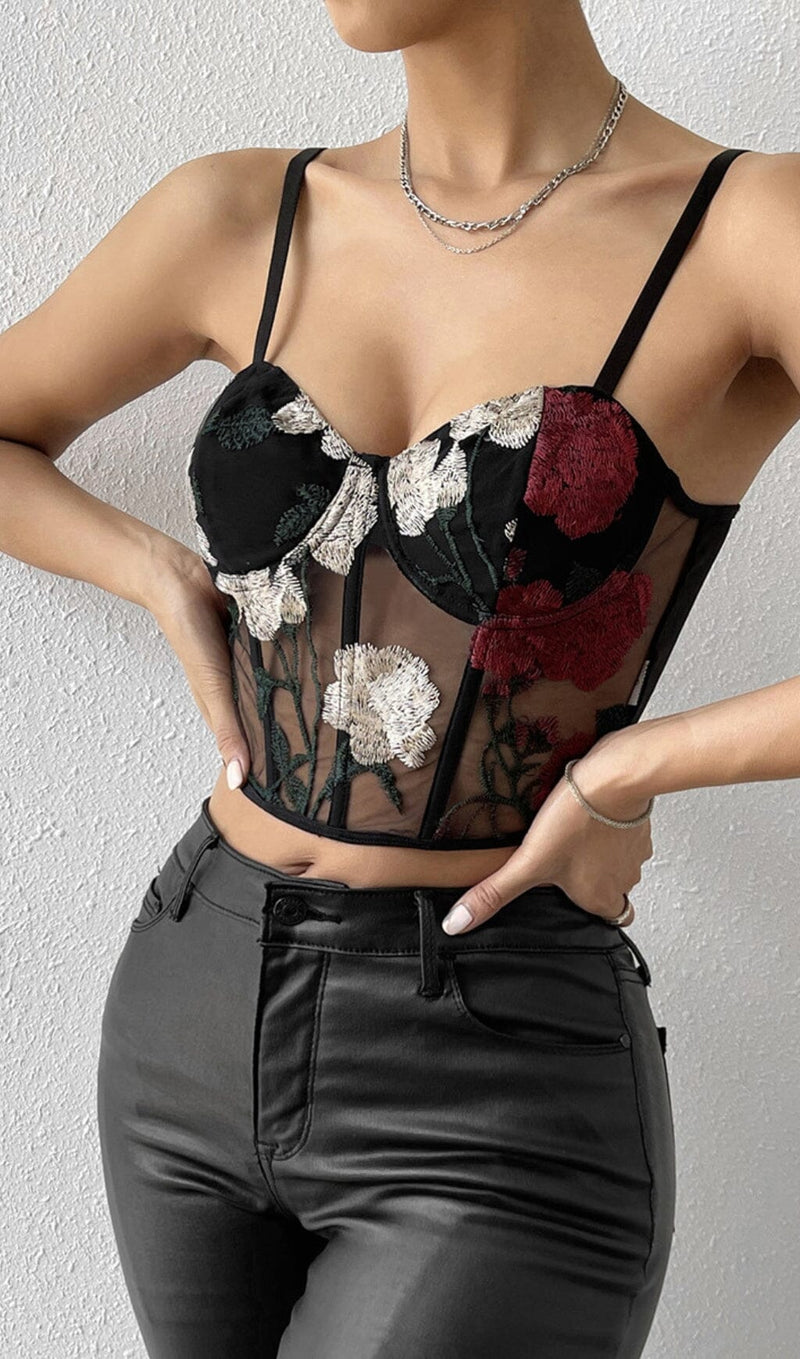 EMBROIDERED FLOWERS CORSET TOP IN BLACK styleofcb 