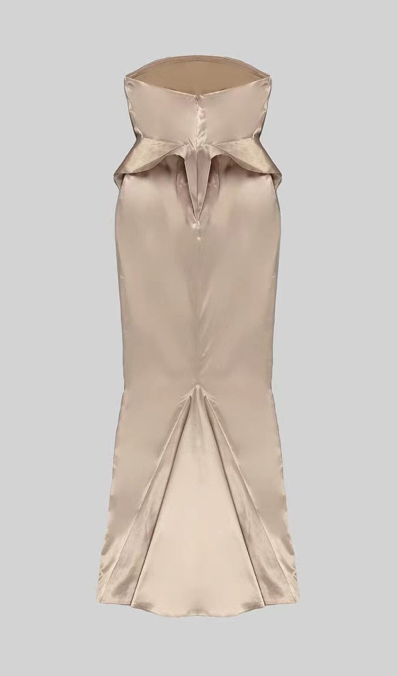 SATIN STRAPLESS MERMAID MAXI DRESS IN BEIGE STYLE OF CB 