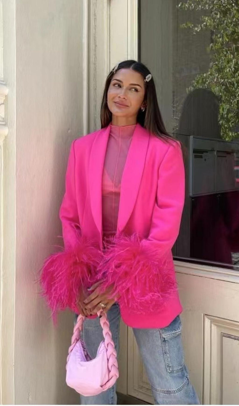 FEATHER JACKET SUIT IN HOT PINK jacket styleofcb 