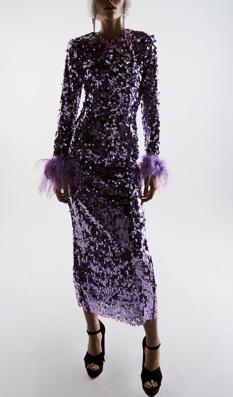 SEQUIN FEATHER LONG SLEEVES MIDI DRESS styleofcb S PURPLE 