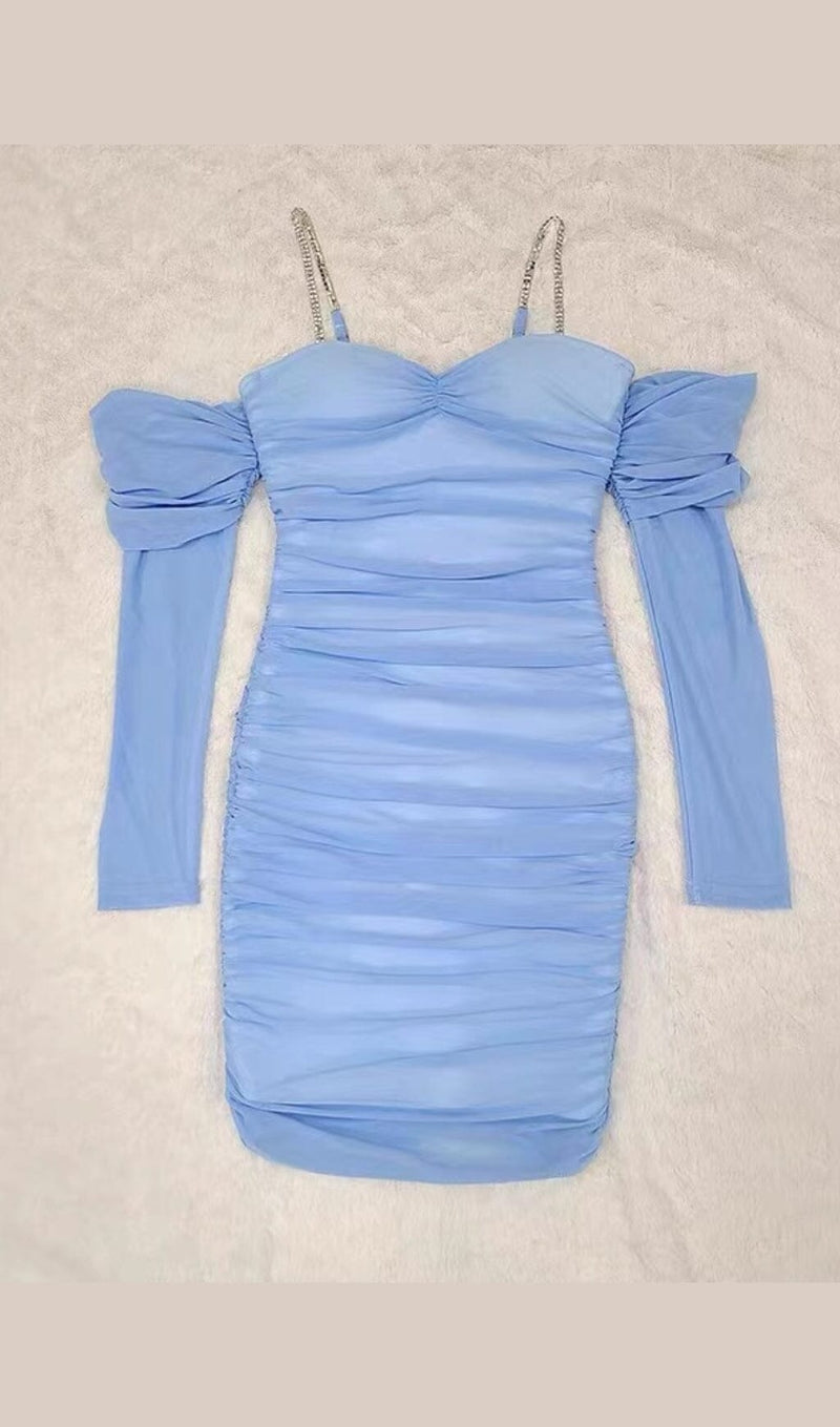 OFF SHOULDER MESH SKINNY MINI DRESS IN LIGHT BLUE styleofcb 