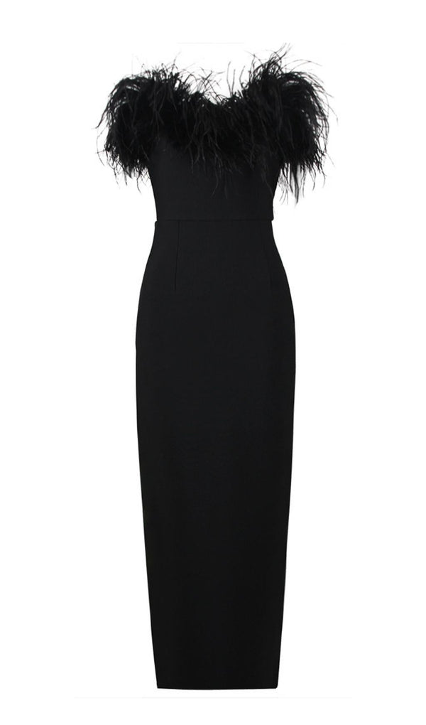FEATHER BODYCON MAXI DRESS IN BLACK Dresses styleofcb 