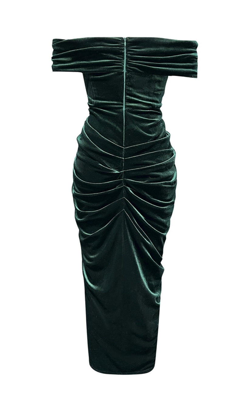 VELVET ONE-LINE SHOULDER HIGH SLIT DRESS IN DARK GREEN styleofcb 