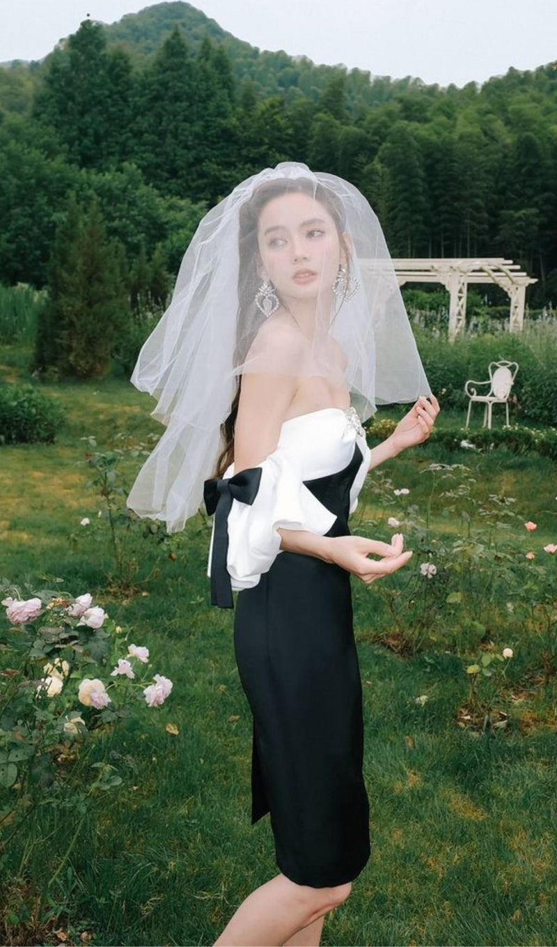 OFF SHOULDER BLACK AND WHITE PATCHWORK MINI DRESS styleofcb 