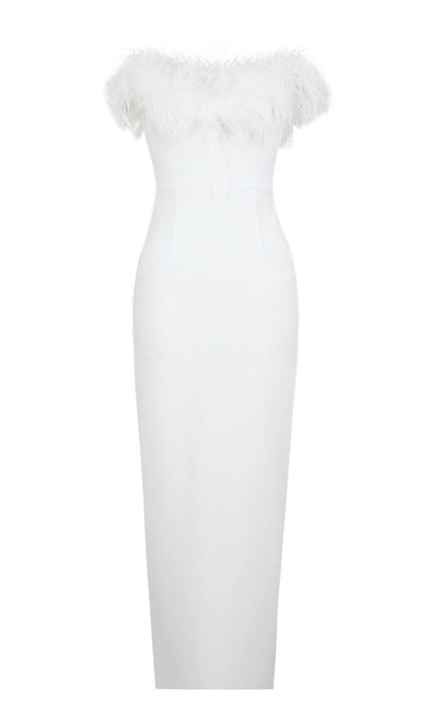 FEATHER BODYCON MAXI DRESS IN WHITE Dresses styleofcb 
