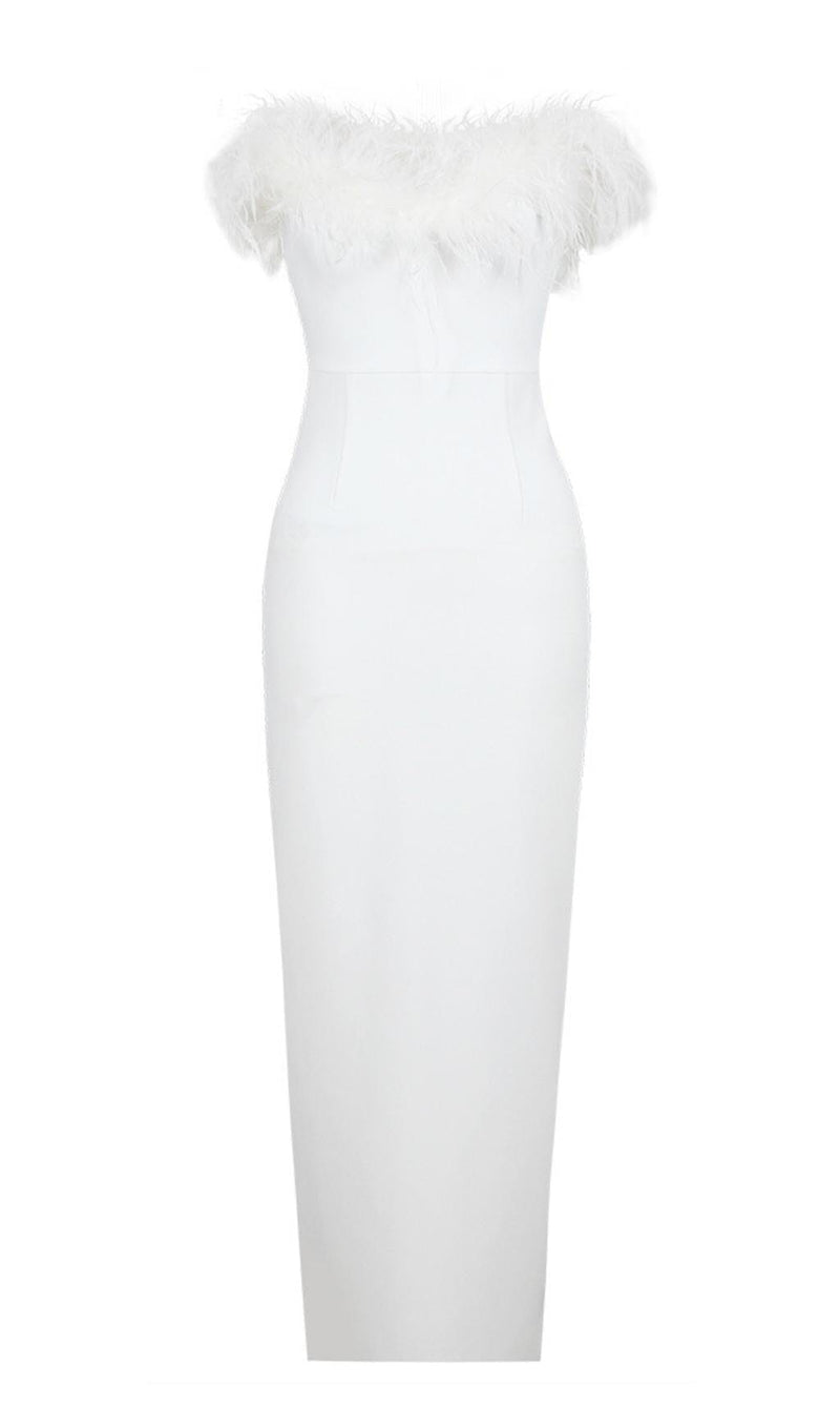 FEATHER BODYCON MAXI DRESS IN WHITE Dresses styleofcb 