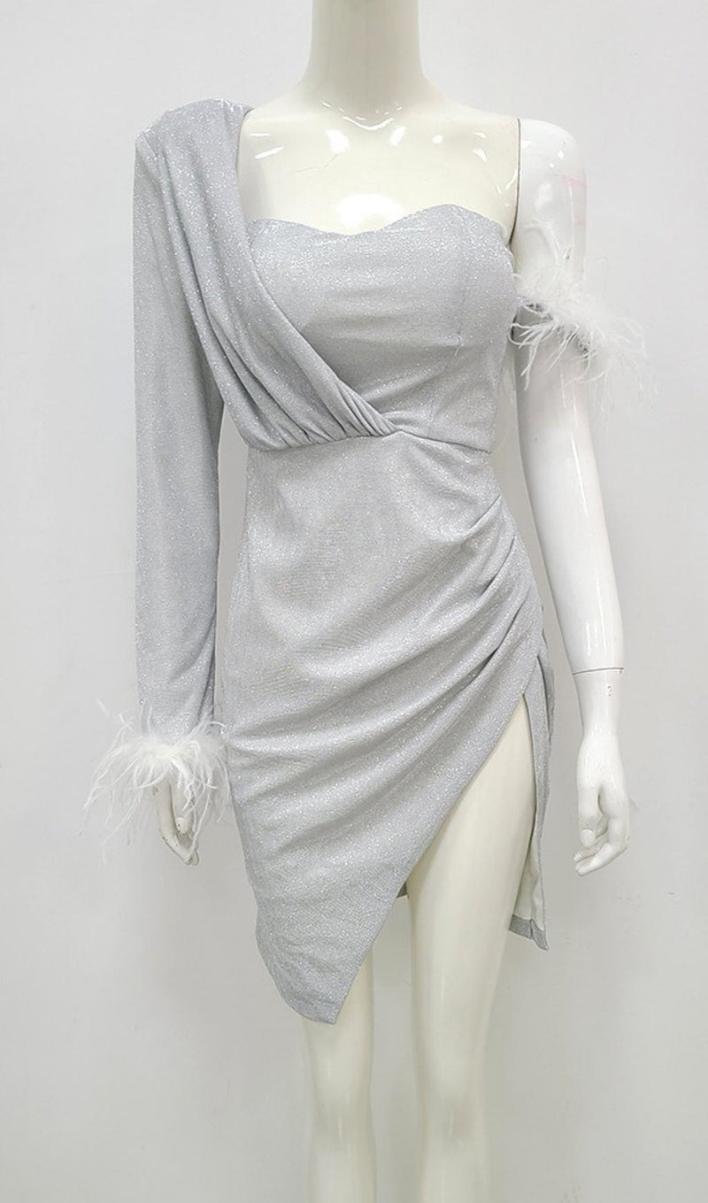 LONG SLEEVE SEQUIN FEATHER MINI DRESS IN SILVER styleofcb 