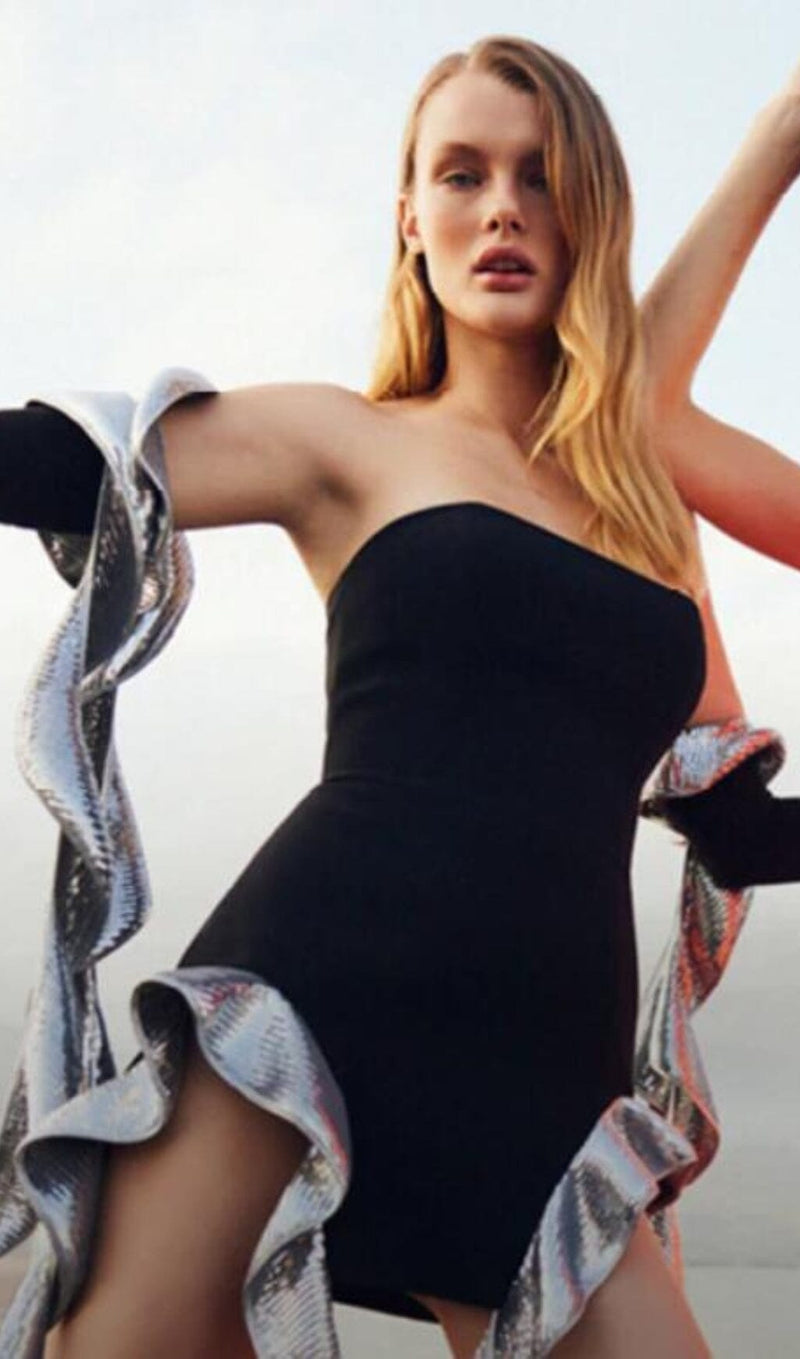 METALLIC-RUFFLE STRAPLESS MINIDRESS styleofcb 