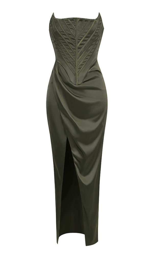 STRAPLESS SATIN SPLIT MAXI DRESS Dresses styleofcb 