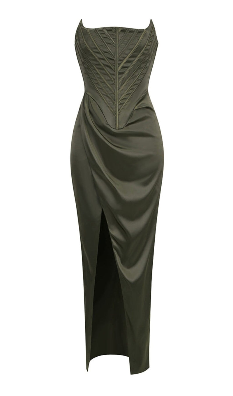 STRAPLESS SATIN SPLIT MAXI DRESS Dresses styleofcb 
