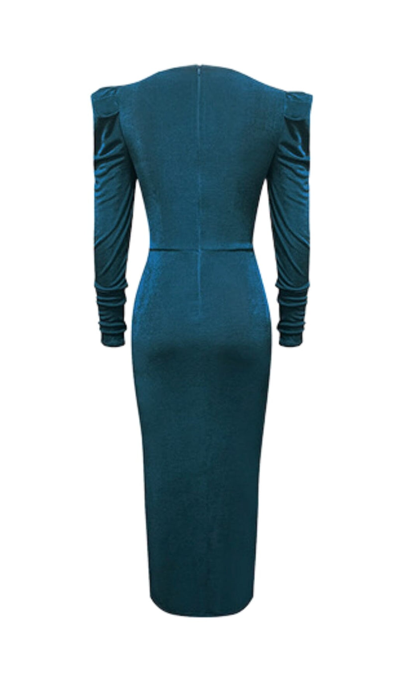 GREY-BLUE HIGH SLIT SLIM-FIT KNIT MIDI DRESS styleofcb 