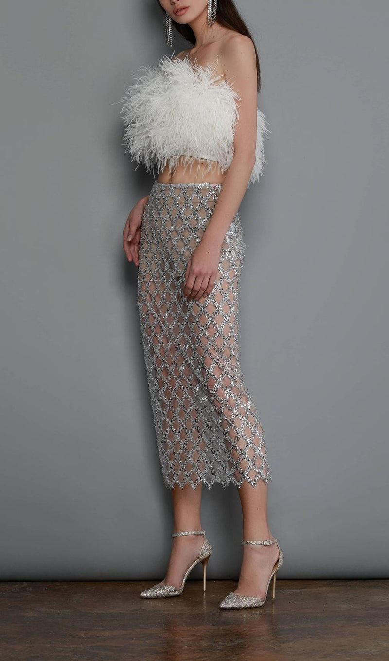 FEATHER SEQUIN TWO PIECE SET IN WHITE styleofcb 