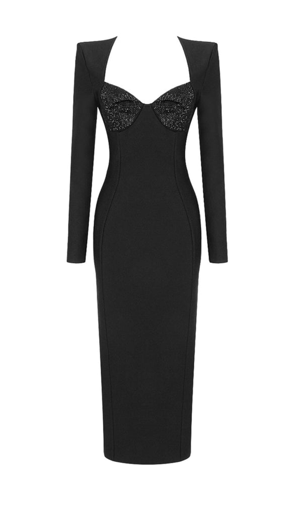 BLACK SQUARE NECK RHINESTONE BODICE MIDI DRESS styleofcb 
