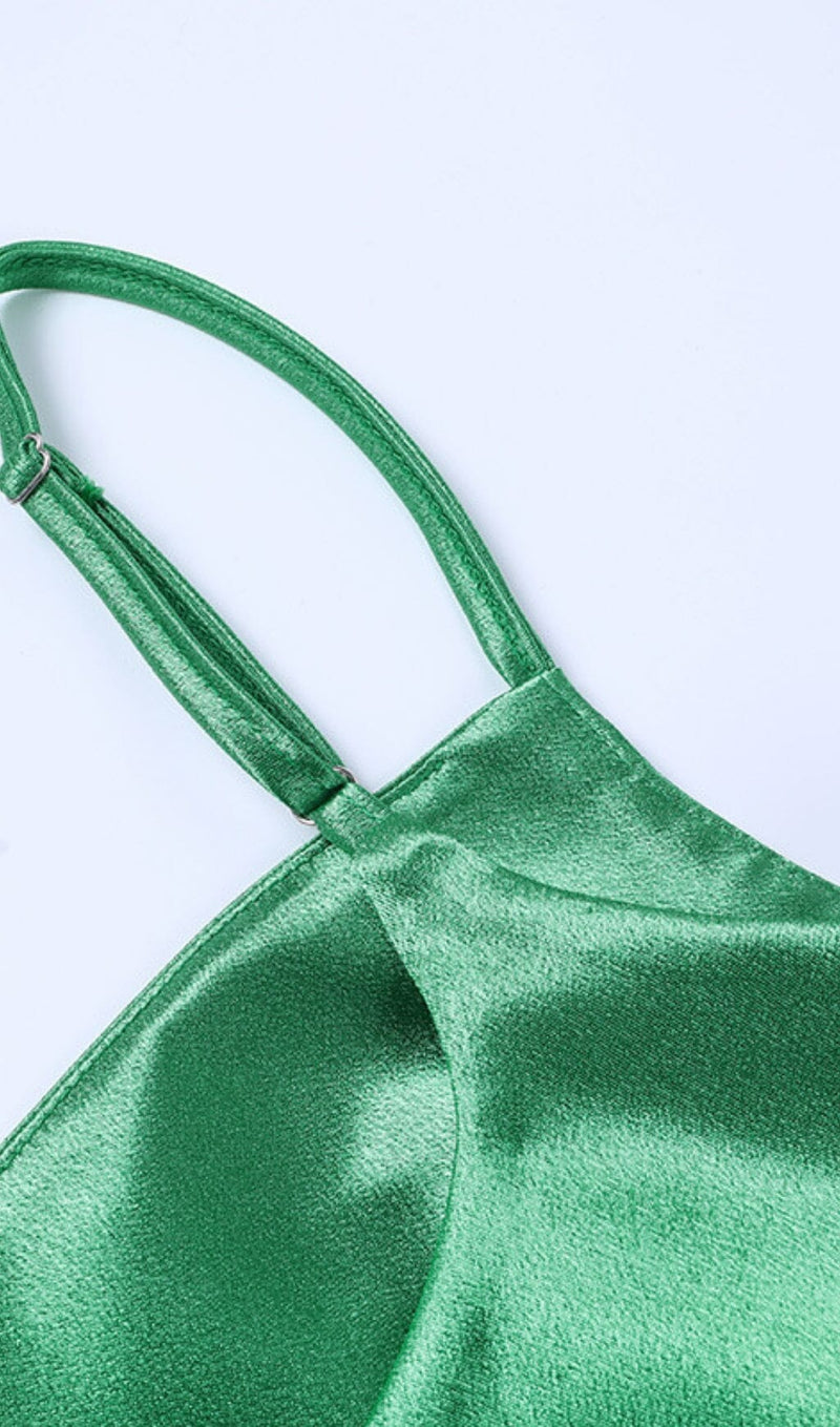 MONTEGO GREEN SATIN SIDE SLIT DRESS Dresses styleofcb 