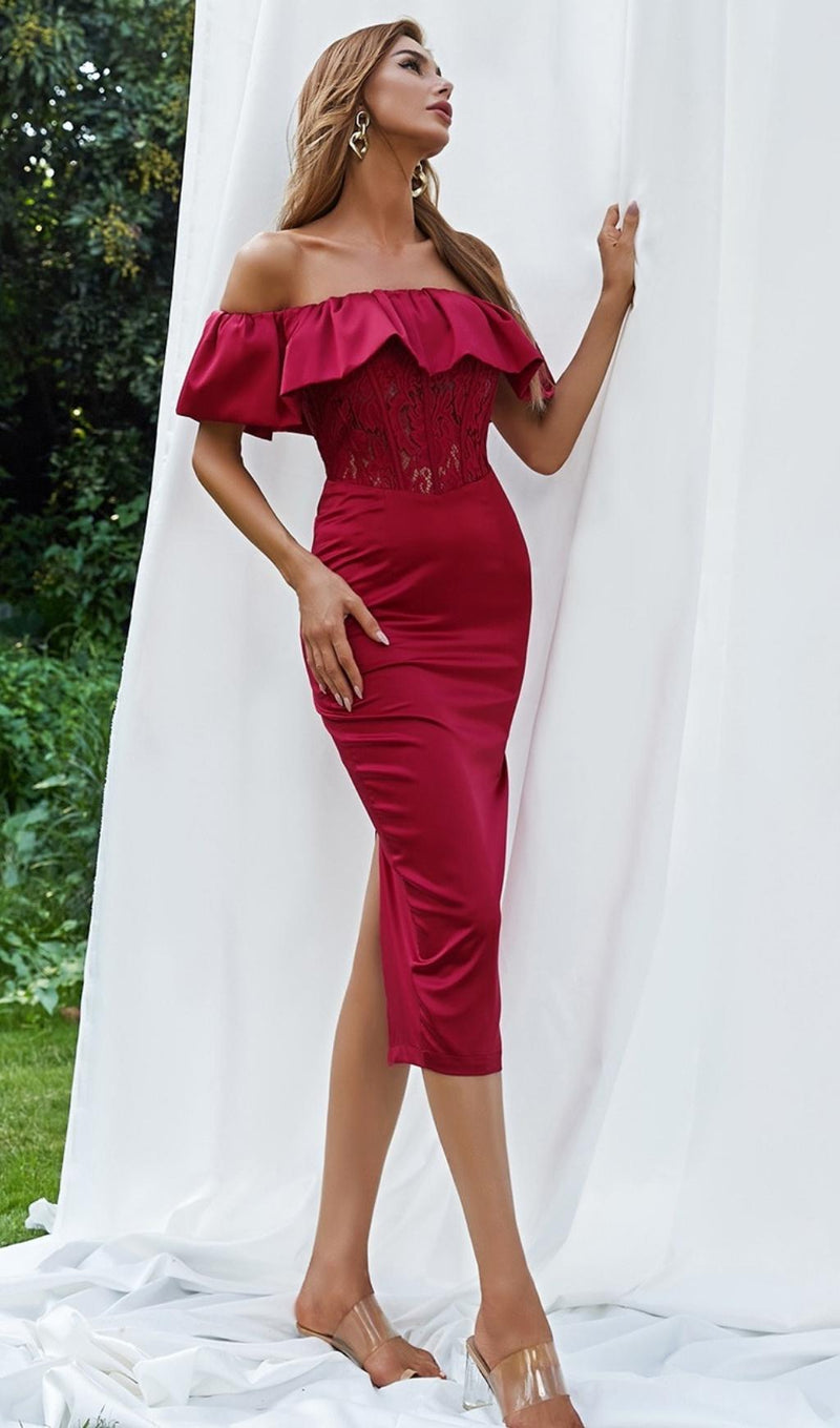 OFF SHOULDER LACE MIDI DRESS DRESSES styleofcb 