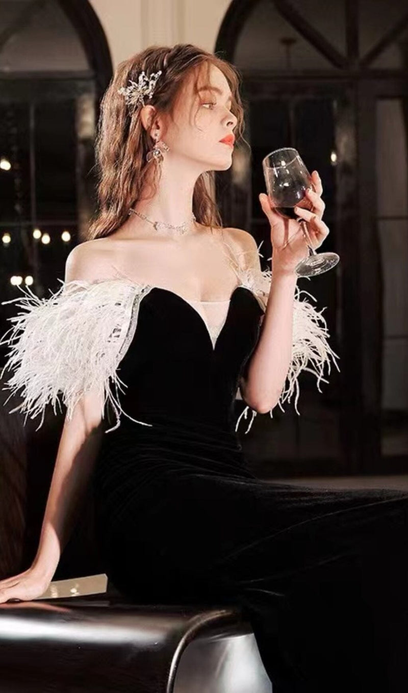 ELEGANT FEATHER OFF SHOULDER FISHTAIL MAXI DRESS IN BLACK styleofcb 