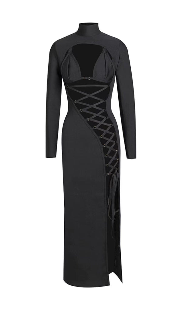 IRREGULAR LACE-UP SLIT DRESS IN BLACK styleofcb 