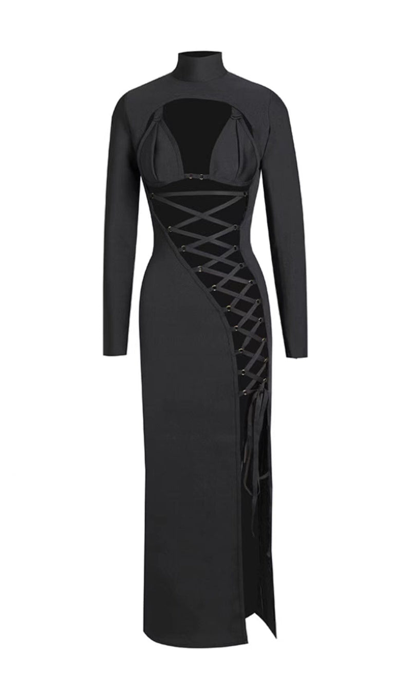 IRREGULAR LACE-UP SLIT DRESS IN BLACK styleofcb 