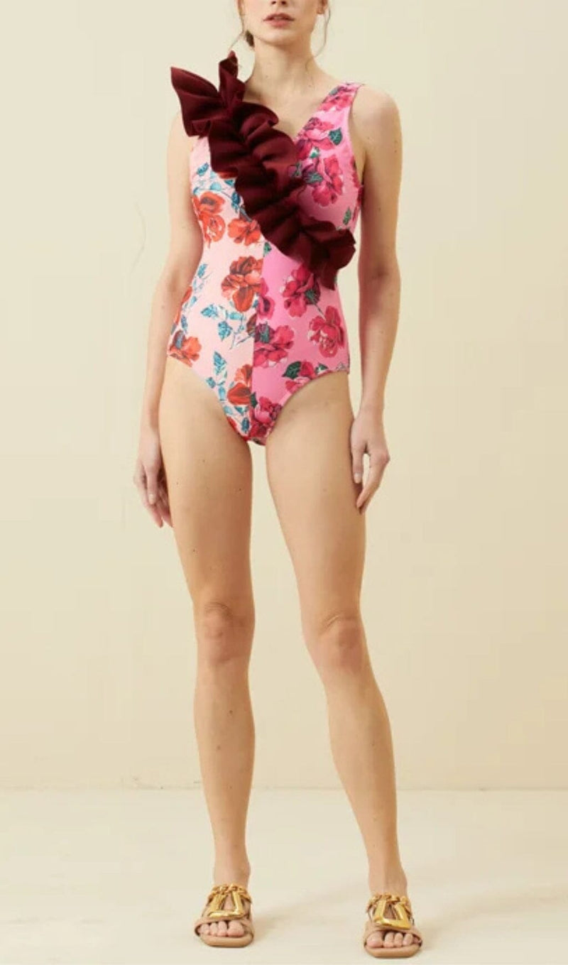 RUFFLED FLORAL PRINT SPLICING ONE PIECE SWIMSUIT styleofcb 