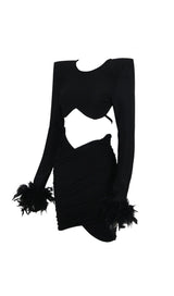 SHOULEDR PAD WAIST BARING FEATHER BLOUSE PLEATED DRESS IN BLACK styleofcb 