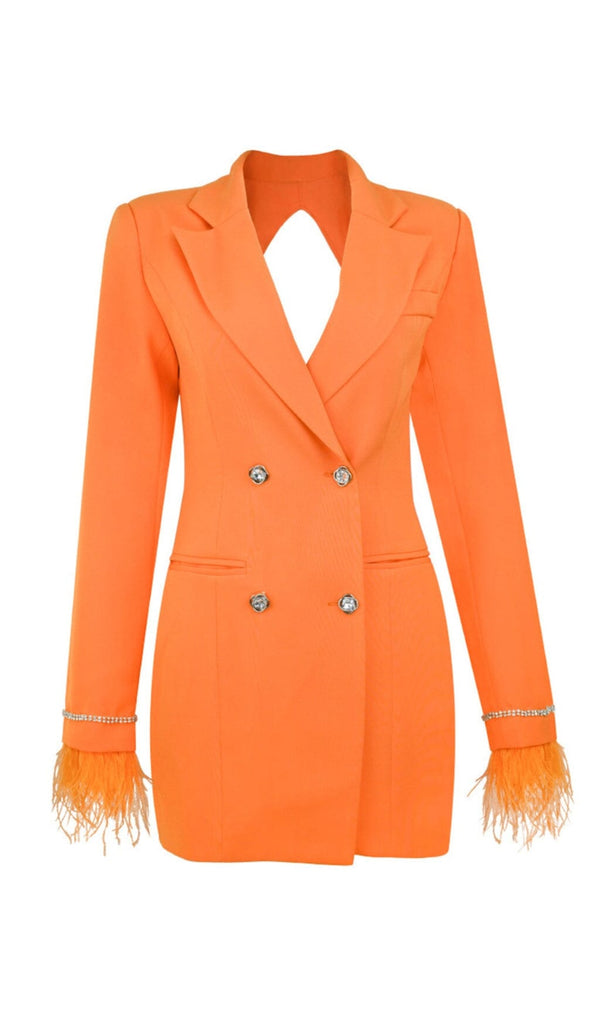 QUILLA ORANGE FEATHER CRYSTAL SLEEVE BACKLESS BLAZER DRESS Dresses styleofcb 