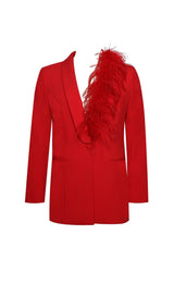 RED BLAZER SUIT WITH FEATHER TRIM Bottoms styleofcb 