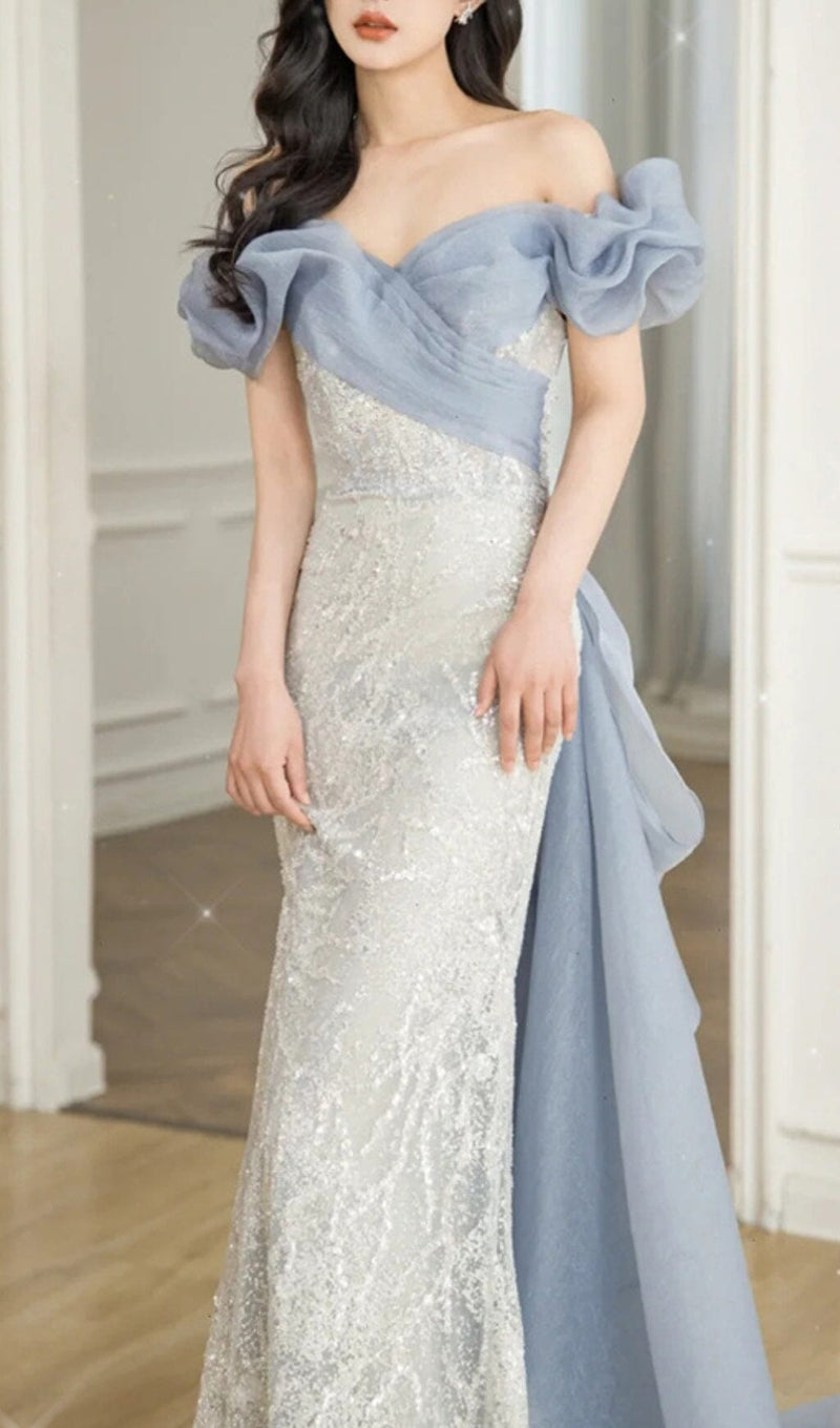 ONE-SHOULDER PUFF SLEEVE SEQUIN STITCHED MAXI DRESS Dresses styleofcb 
