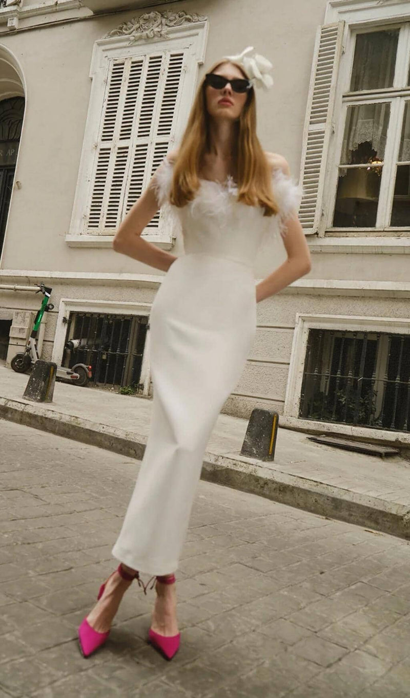 FEATHER BODYCON MAXI DRESS IN WHITE Dresses styleofcb 