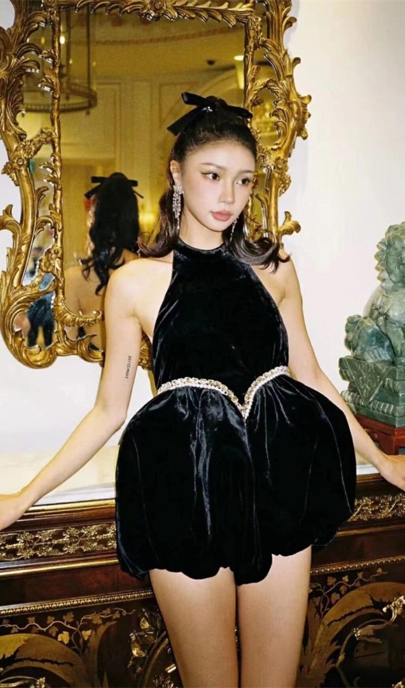 VELVET HALTERNECK MINI DRESS IN BLACK DRESSES styleofcb 