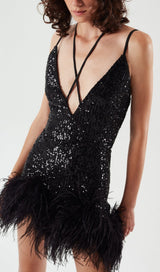 FEATHER V NECK MINI DRESS IN BLACK DRESS STYLE OF CB 