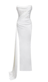 HOLLY WHITE CRYSTALLIZED CORSET HIGH SLIT SATIN GOWN Dresses styleofcb 