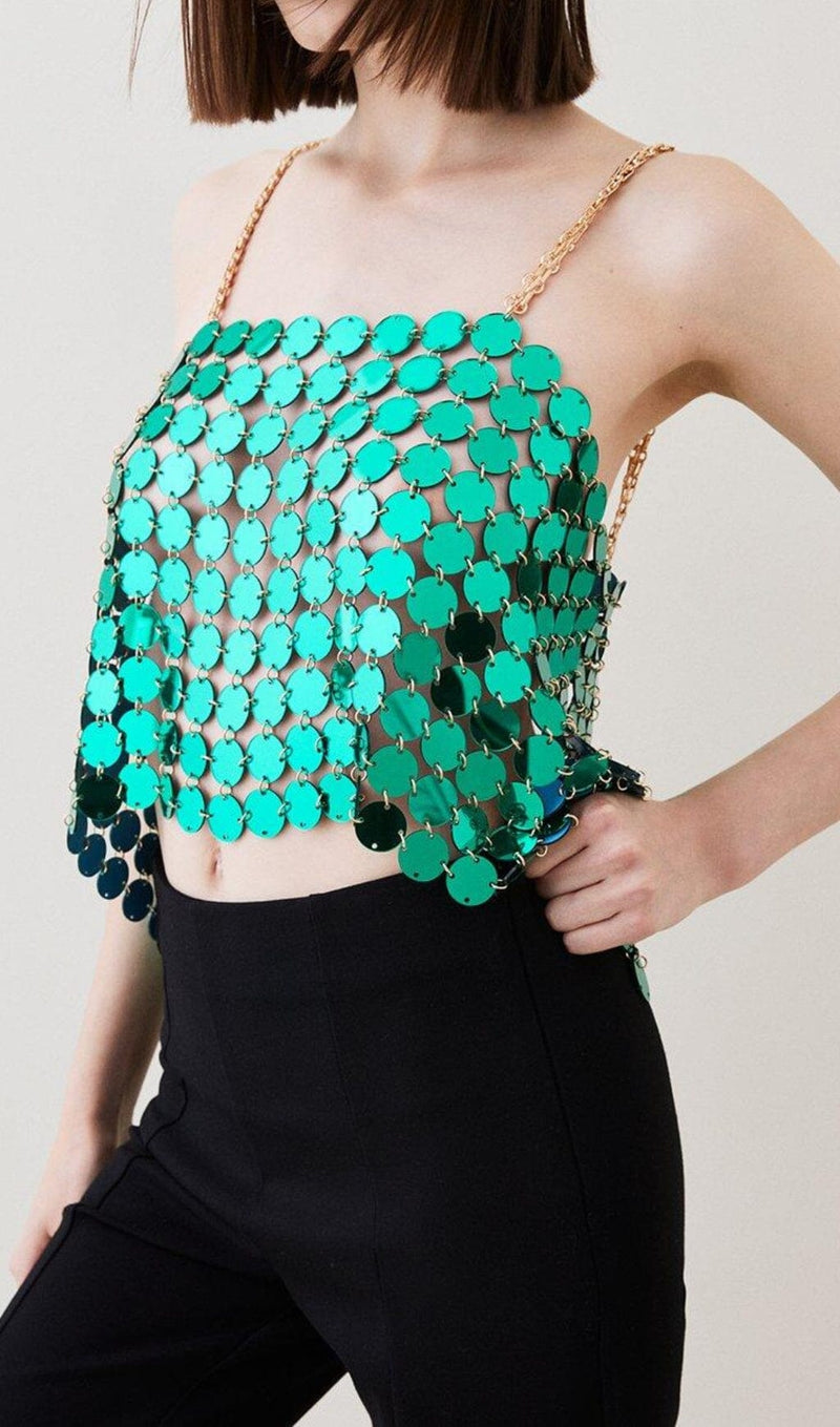 MIRRORED DISC CROP TOP IN GREEN styleofcb 